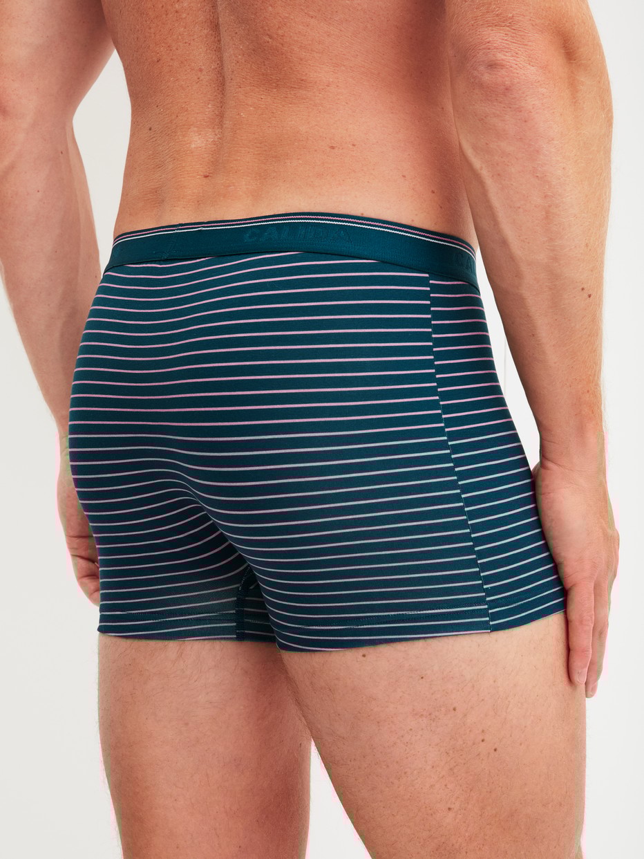 Herren-Model trägt Boxer Brief, 3er-Pack aus Baumwolle in Blau, Gestreift aus Serie Natural Benefit von CALIDA, Rückansicht
