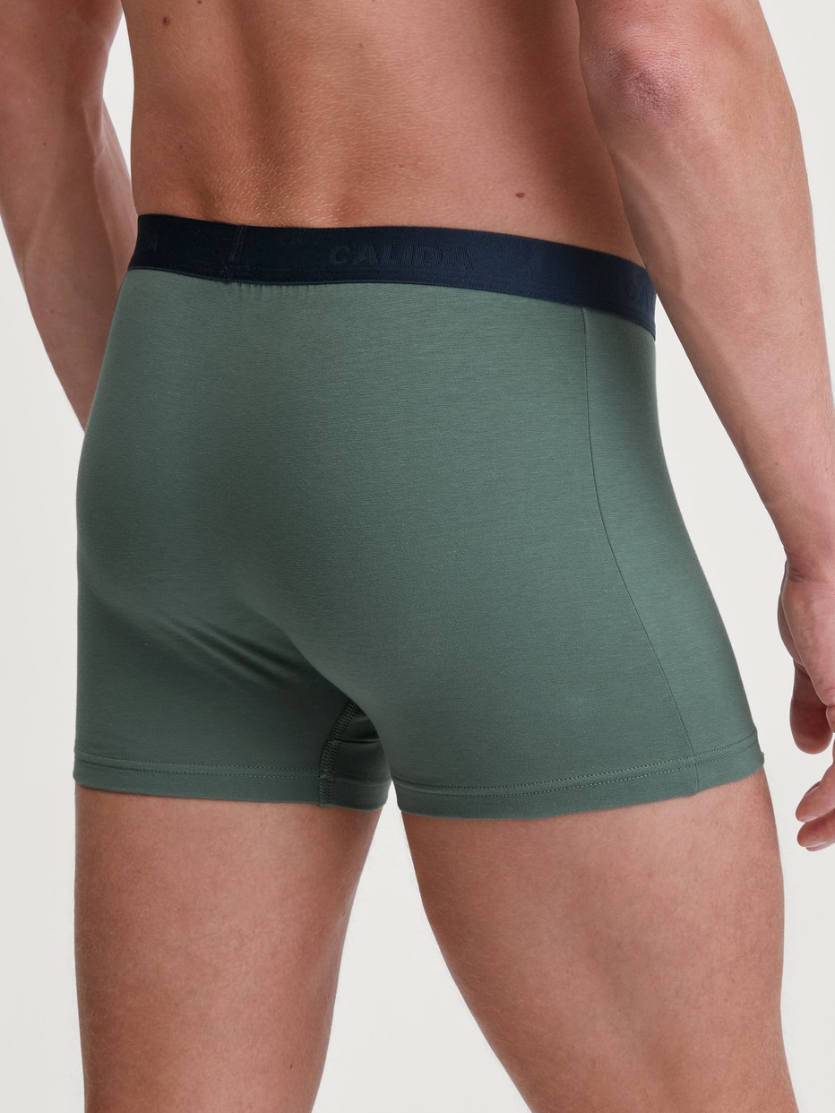 Herren-Model trägt Boxer Brief, 3er-Pack aus Baumwolle in Grün, Einfarbig aus Serie Natural Benefit von CALIDA, Rückansicht