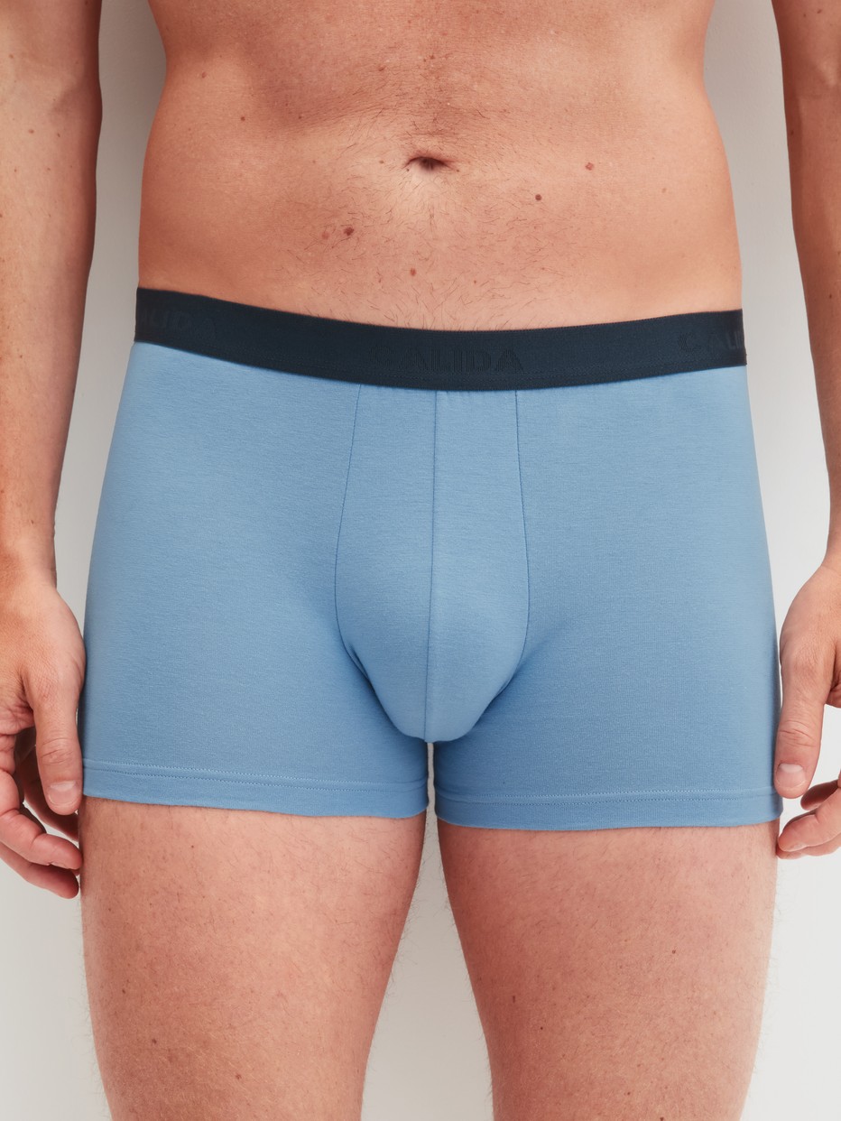 Men model is wearing Boxer brief, 3-pack made of Cotton in Blue,  from the Cotton Special series by CALIDA, Front view