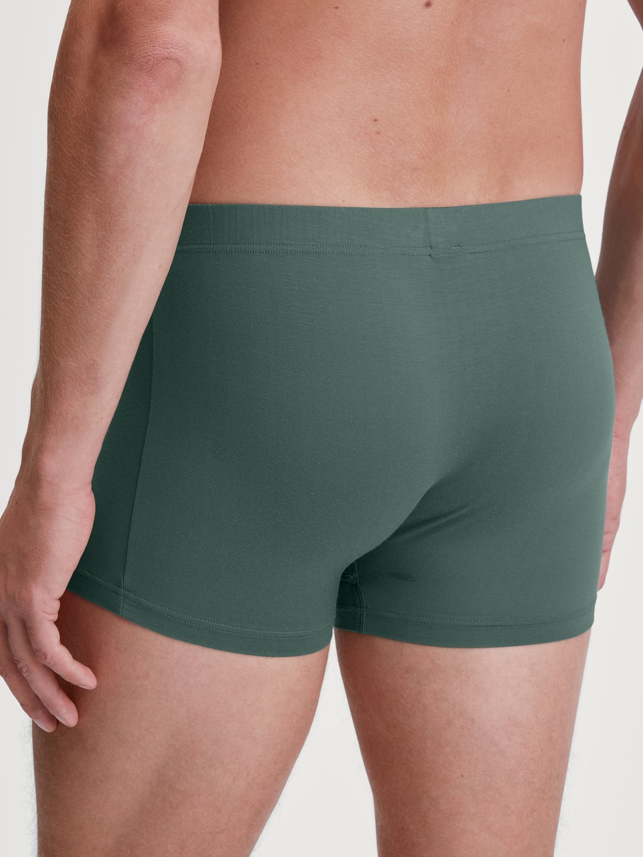 Men model is wearing Boxerbrief made of Modal in Green, Unicoloured from the Balanced Day series by CALIDA, Back view