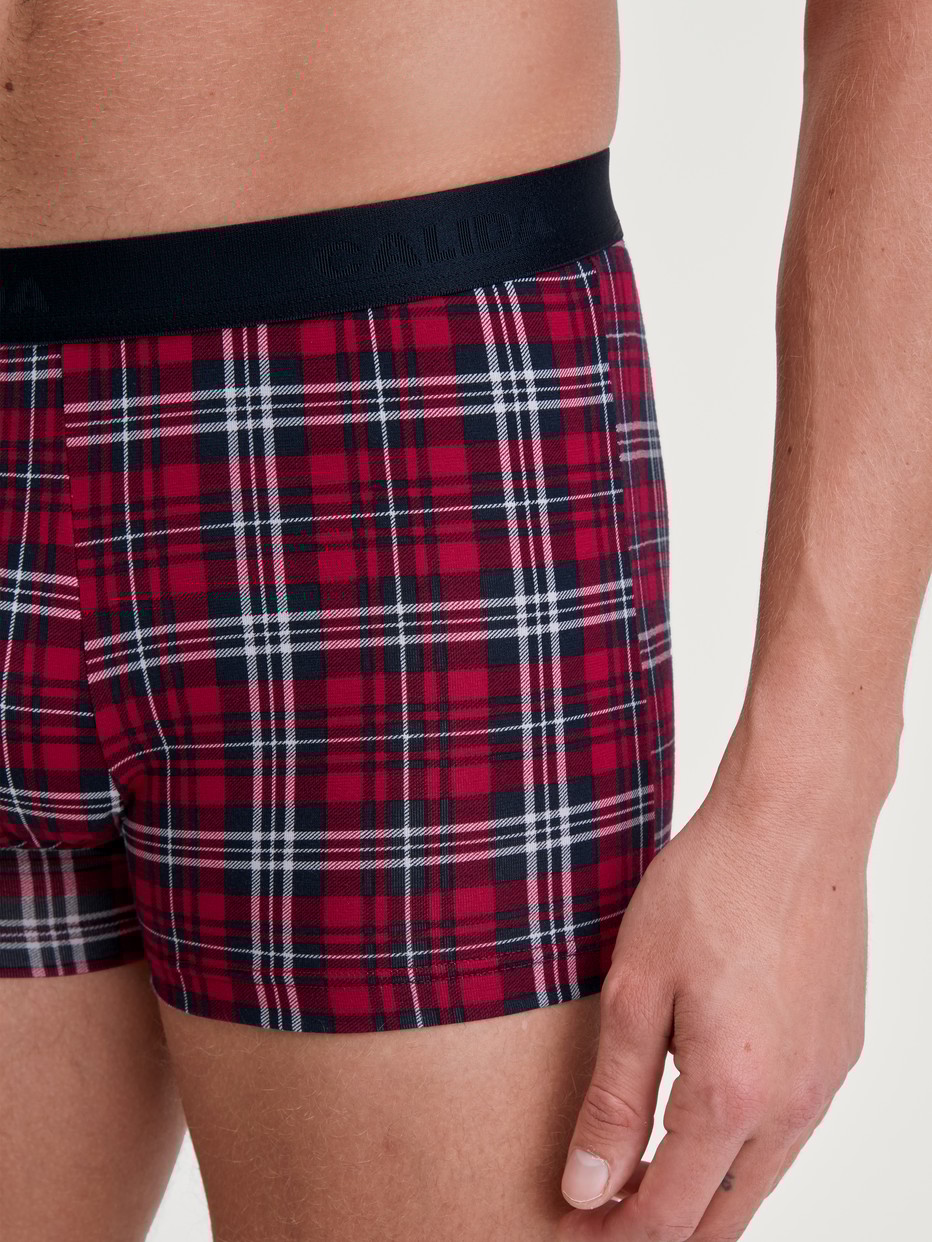 Herren-Model trägt Boxer Brief mit Softgummibund aus Baumwolle in Rot, Gemustert aus Serie Family & Friends von CALIDA, Detail