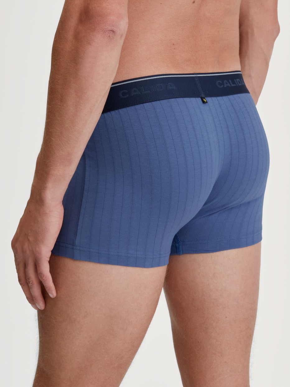 Herren-Model trägt Boxer Brief mit Elastikbund aus Baumwolle in Blau, Einfarbig aus Serie Pure & Style von CALIDA, Rückansicht