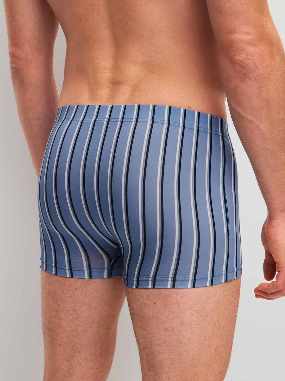 Men model is wearing Boxer brief made of Pima® Cotton in Blue, Striped from the Grafic Cotton series by CALIDA, Back view