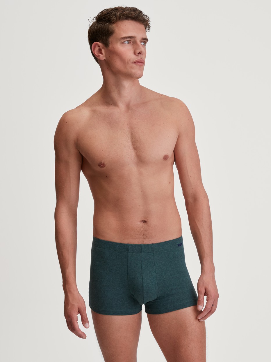 La modella / Il modello Uomo indossa Boxer brief in Cotone di colore Verde, Tinta unita, della serie Cotton Sporty di CALIDA, Abbigliamento