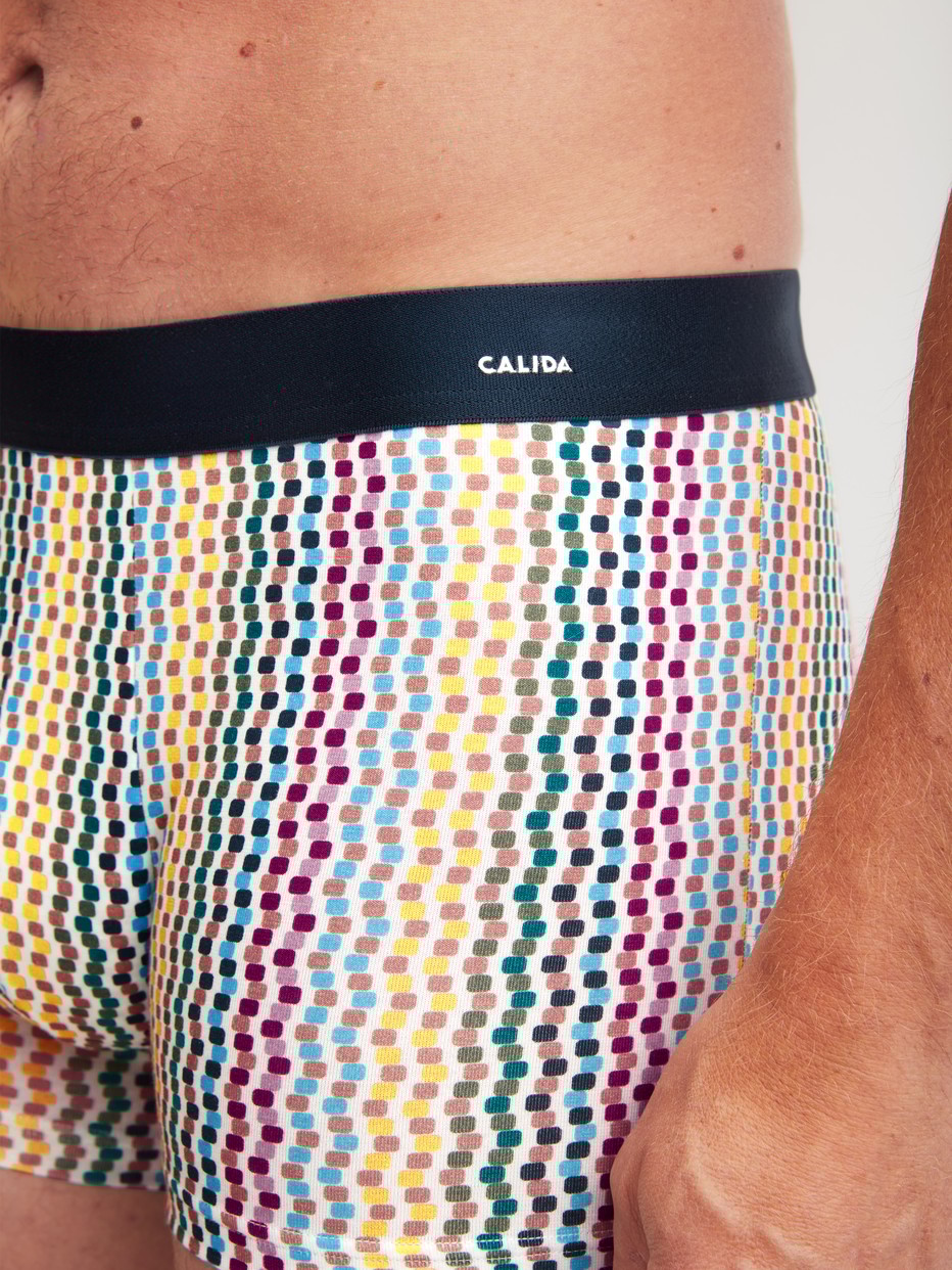 La modella / Il modello Uomo indossa Boxer brief in Cotone di colore Blu, Modello, della serie Cotton Code Design di CALIDA, Dettaglio