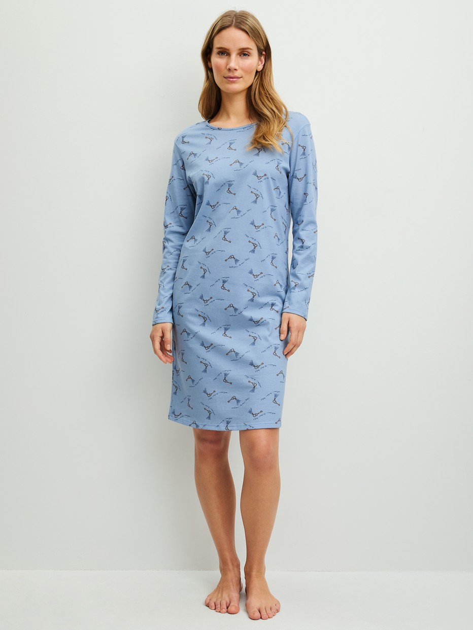 Women model is wearing  made of 100% Cotton in Blue, Patterned from the Hotel Nights series by CALIDA, Front view