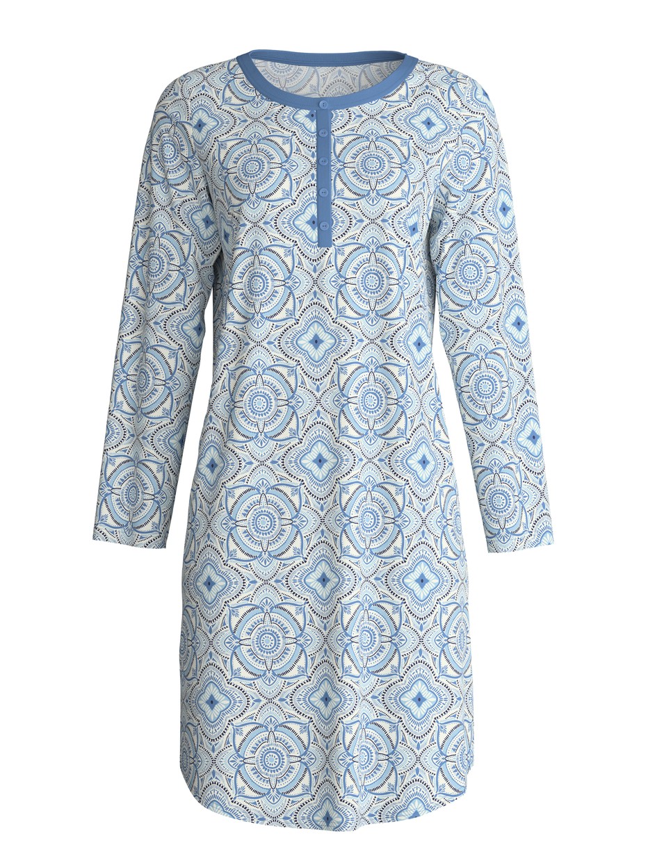 Damen - Langarm-Nachthemd, Länge 100 cm aus 100% Baumwolle in Blau, Gemustert aus Serie Cotton Special von CALIDA, Verpackung