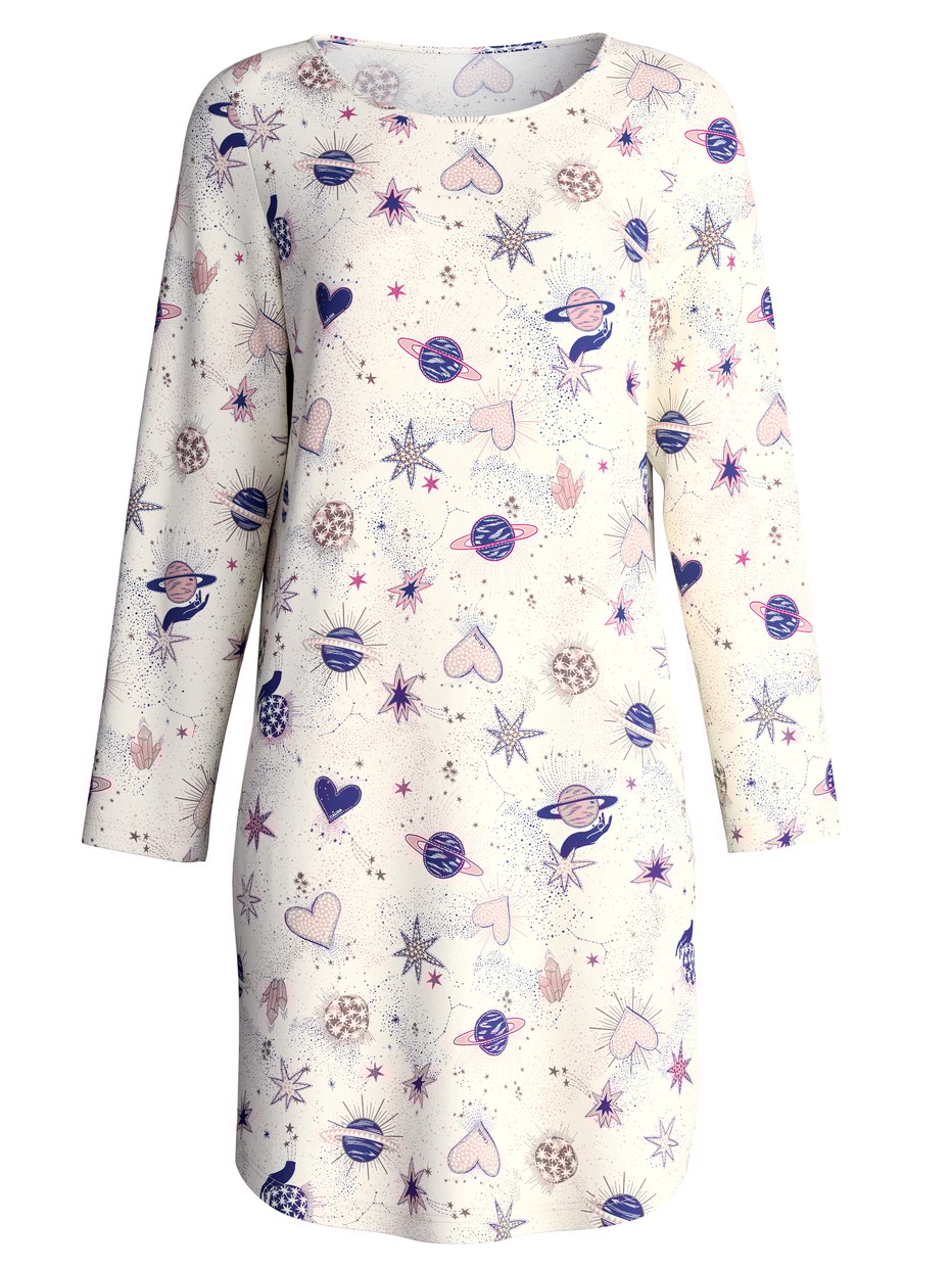 Femme - Chemise de nuit manches longues – Longueur 100 cm en 100% coton de couleur Beige, À motifs, de la série Favourites Universe de CALIDA