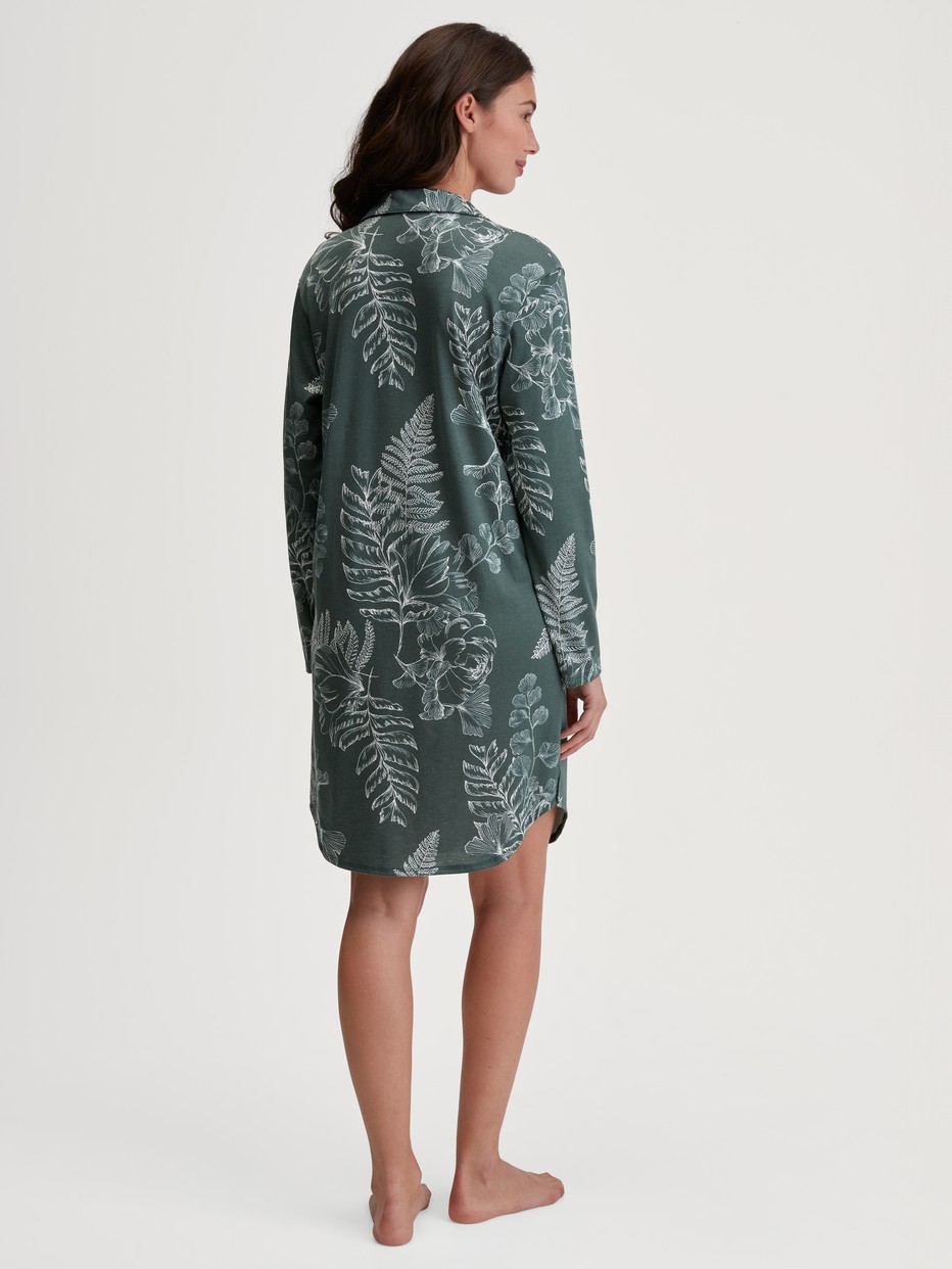 Women model is wearing Long Sleeve Nightdress – 95 cm Length made of Cotton in Green, Floral from the Favourites Botanic series by CALIDA, Back view