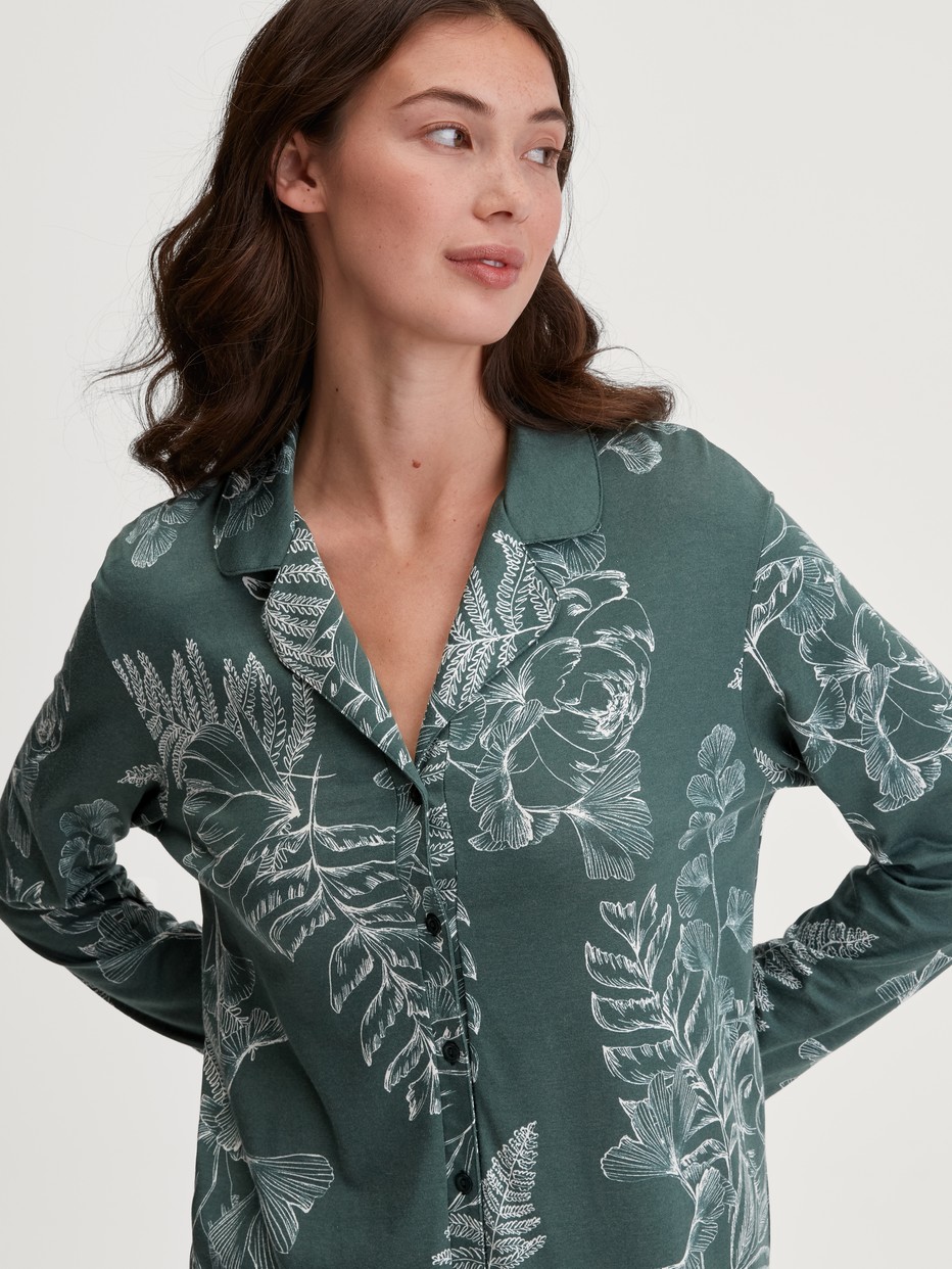 Women model is wearing Long Sleeve Nightdress – 95 cm Length made of Cotton in Green, Floral from the Favourites Botanic series by CALIDA, Detail