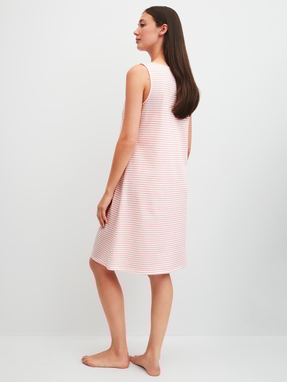 Women model is wearing Nightdress, length 95 cm made of 100% Cotton in Orange, Patterned from the Lovely Nights series by CALIDA, Back view