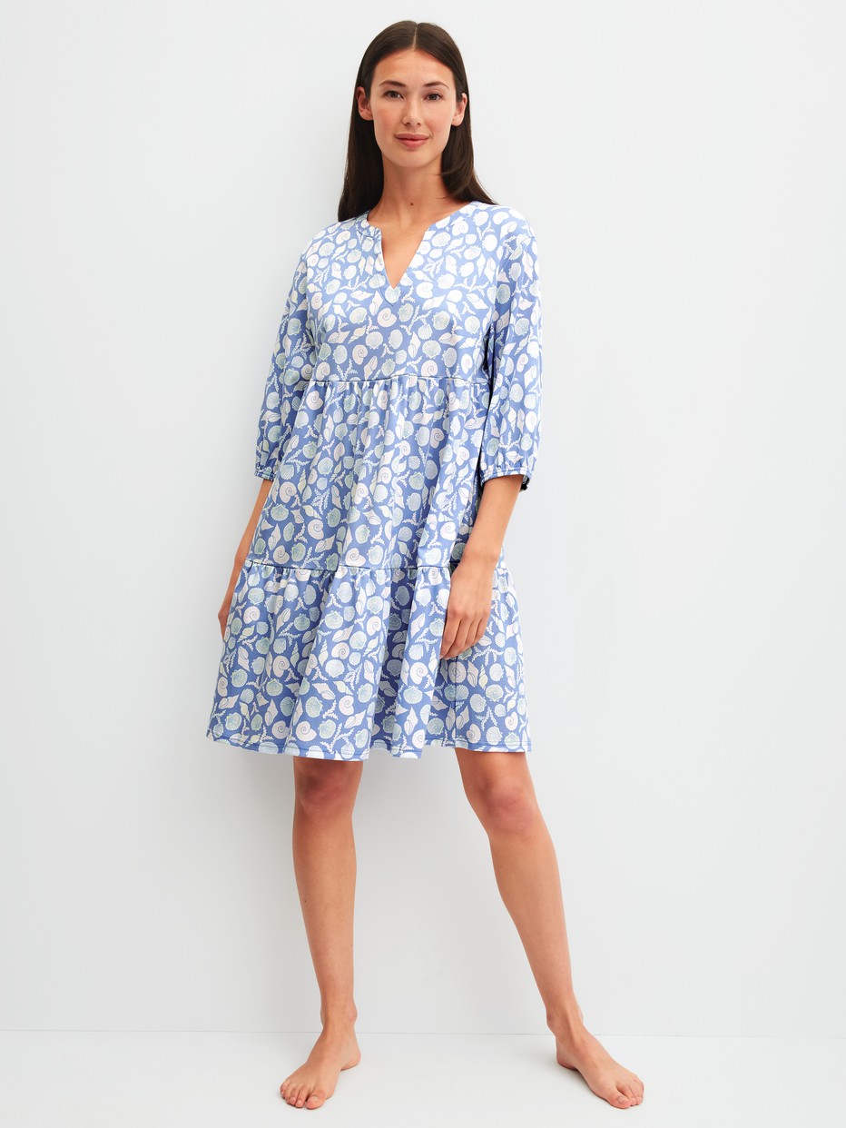 Women model is wearing Nightdress, length 95 cm made of 100% Cotton in Blue, Floral from the Favourites Ocean series by CALIDA, Front view