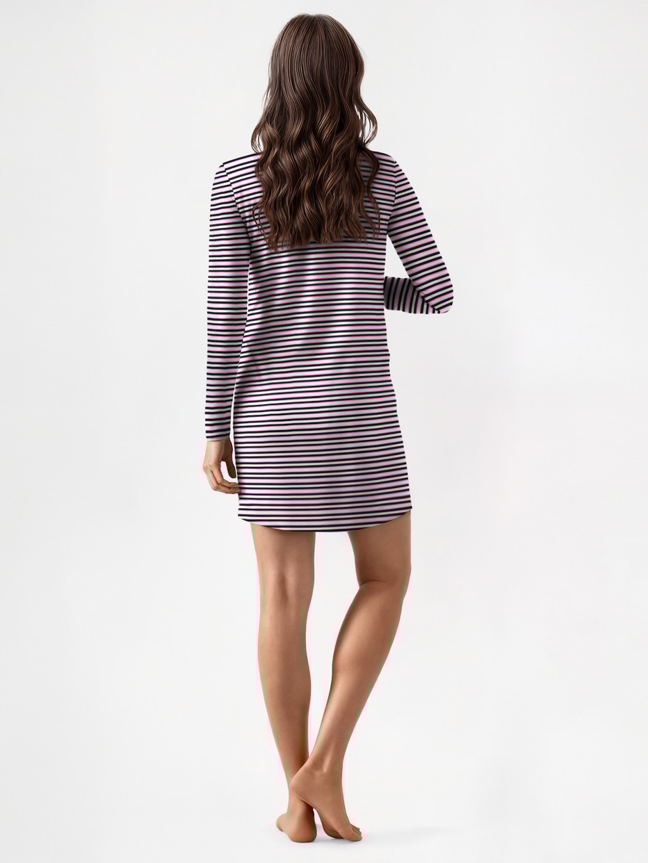 Women model is wearing Long Sleeve Nightdress – 95 cm Length made of 100% Cotton in Blue, Striped from the Nightwear Xtra series by CALIDA, Back view
