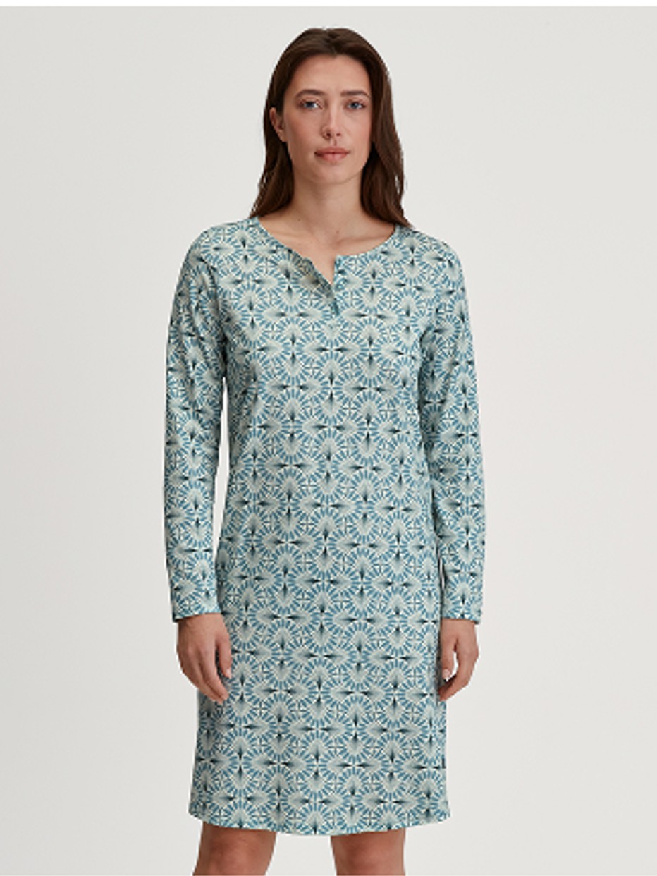 Damen - Langarm-Nachthemd, Länge 100 cm aus 100% Baumwolle in Blau, Gemustert aus Serie Ornament Nights von CALIDA, Signature