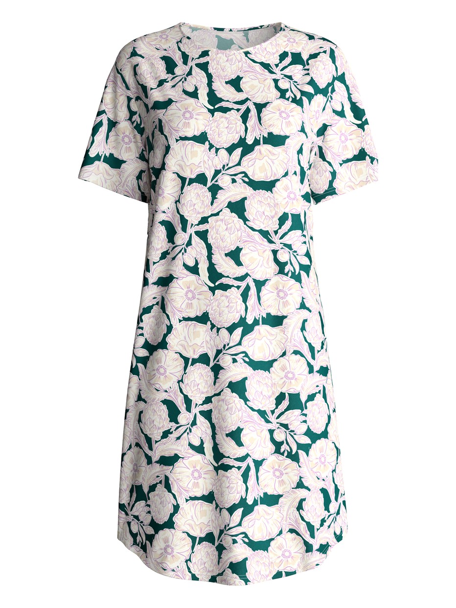 Women - Short-sleeved nightdress, length 95 cm made of 100% Cotton in Turquoise, Floral, from the Botanic Dreams series by CALIDA