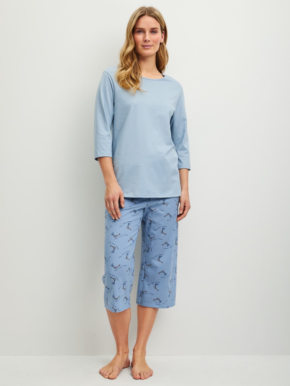 Women model is wearing  made of 100% Cotton in Blue, Patterned from the Hotel Nights series by CALIDA, Front view