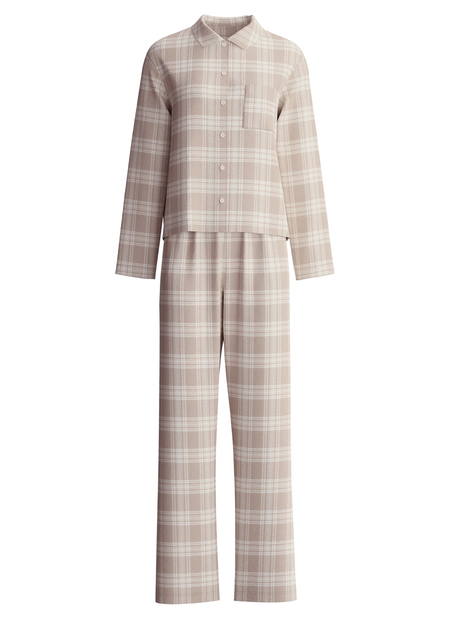Damen - Flannell-Pyjama mit Knöpfen aus Baumwolle in Braun, Kariert aus Serie Plaid Dreams von CALIDA