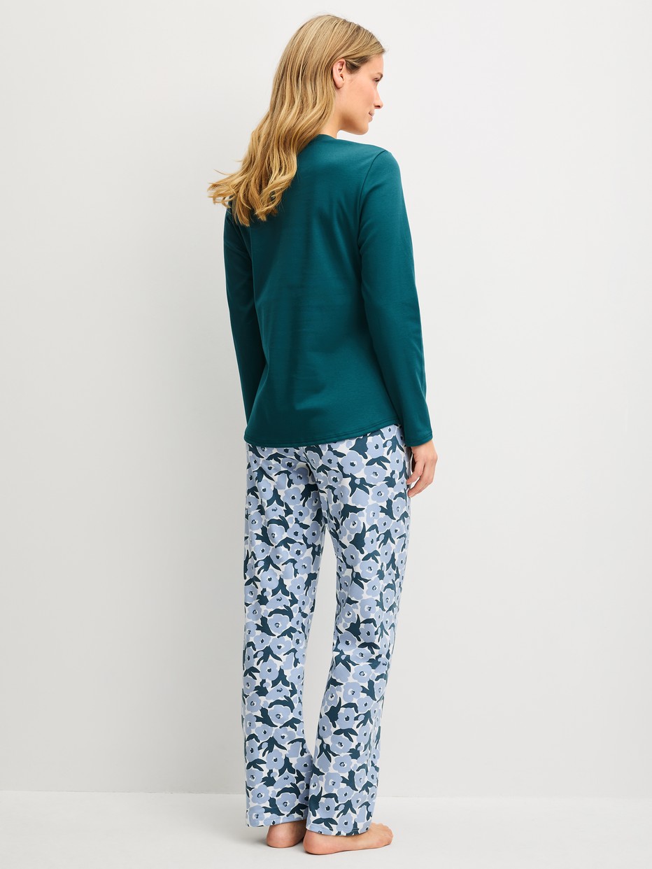 Women model is wearing  made of 100% Cotton in Turquoise, Floral from the Midnight Flowers series by CALIDA, Back view