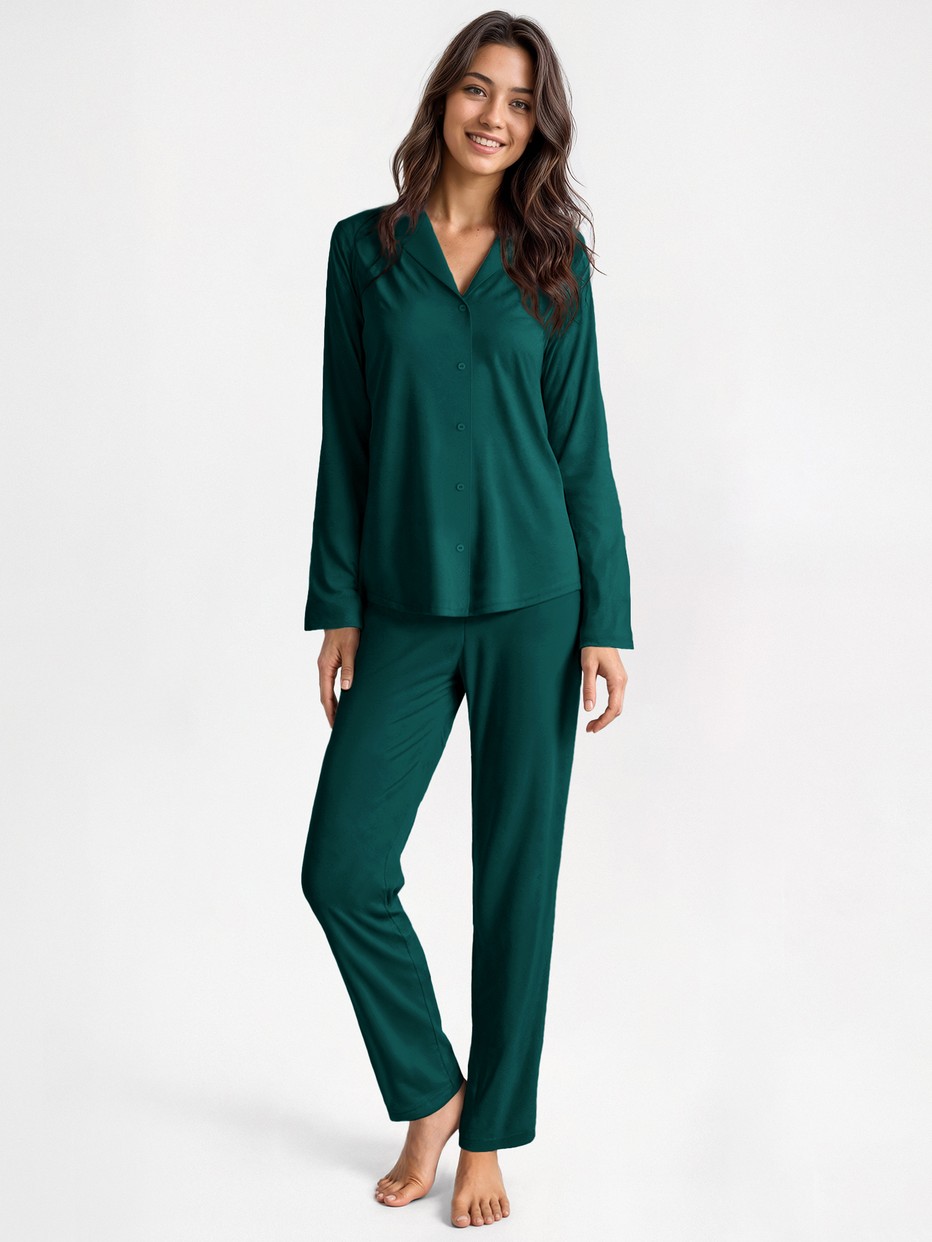 Women model is wearing Pyjamas with buttons made of Lyocell in Green, Unicoloured from the Nightwear Xtra series by CALIDA, Front view