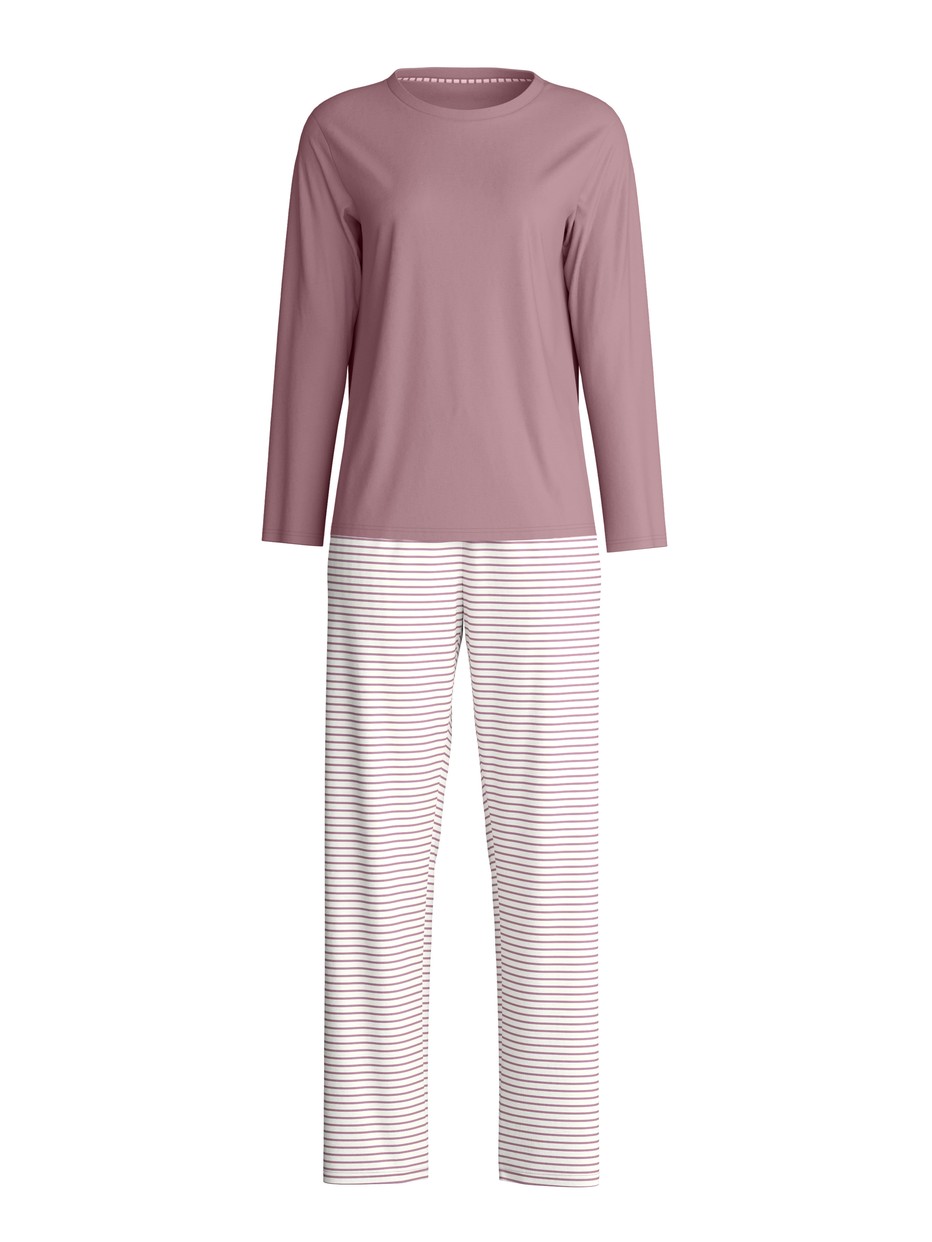 Damen - Pyjama, lang aus 100% Baumwolle in Violett, Gestreift aus Serie Nightwear Xtra von CALIDA