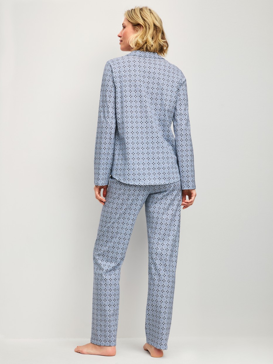 Women model is wearing Button-Up Pyjama made of 100% Cotton in Grey, Patterned from the Cotton Special series by CALIDA, Back view