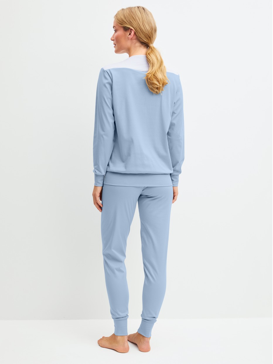 Women model is wearing Pyjama with cuff made of 100% Cotton in Grey, Striped from the Soulmate series by CALIDA, Back view