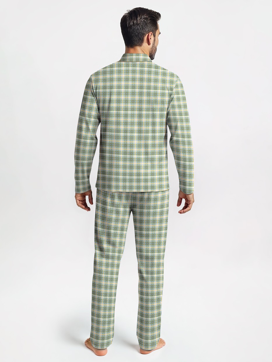 Le mannequin Homme porte le/la Pyjama à boutons en 100% coton de couleur Vert, À carreaux, de la série Nightwear Xtra de CALIDA, Vue arrière
