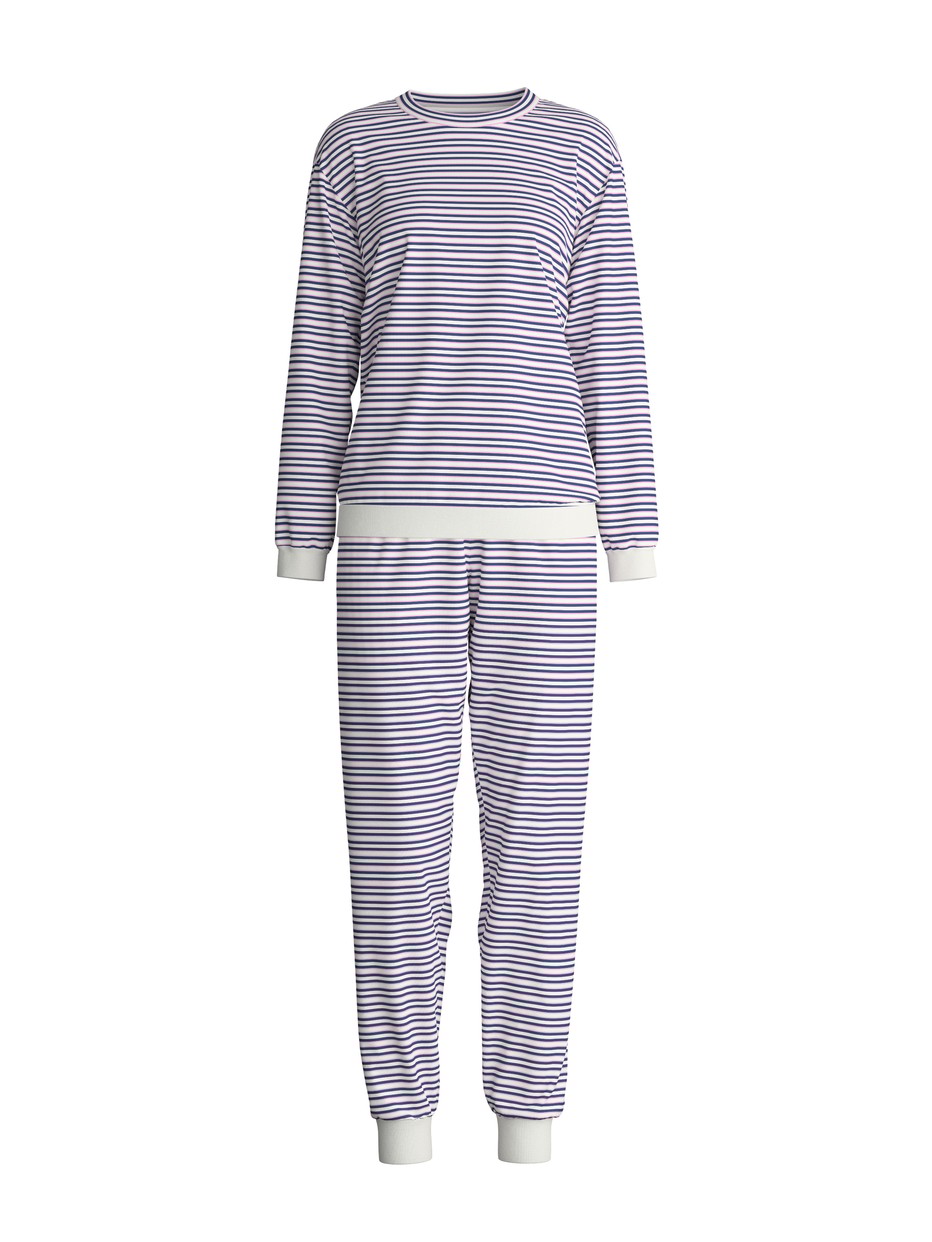 Damen - Bündchen-Pyjama aus 100% Baumwolle in Blau, Gestreift aus Serie Nightwear Xtra von CALIDA