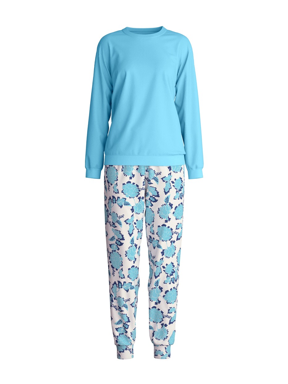 Damen - Bündchen-Pyjama aus 100% Baumwolle in Türkis, Floral aus Serie Nightwear Xtra von CALIDA