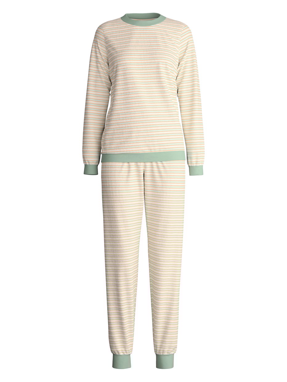 Damen - Frottee Bündchen-Pyjama aus Baumwolle in Grün, Gestreift aus Serie Nightwear Xtra von CALIDA