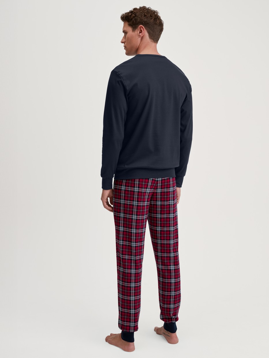 Herren-Model trägt Bündchen-Pyjama aus 100% Baumwolle in Blau, Kariert aus Serie Family & Friends von CALIDA, Rückansicht