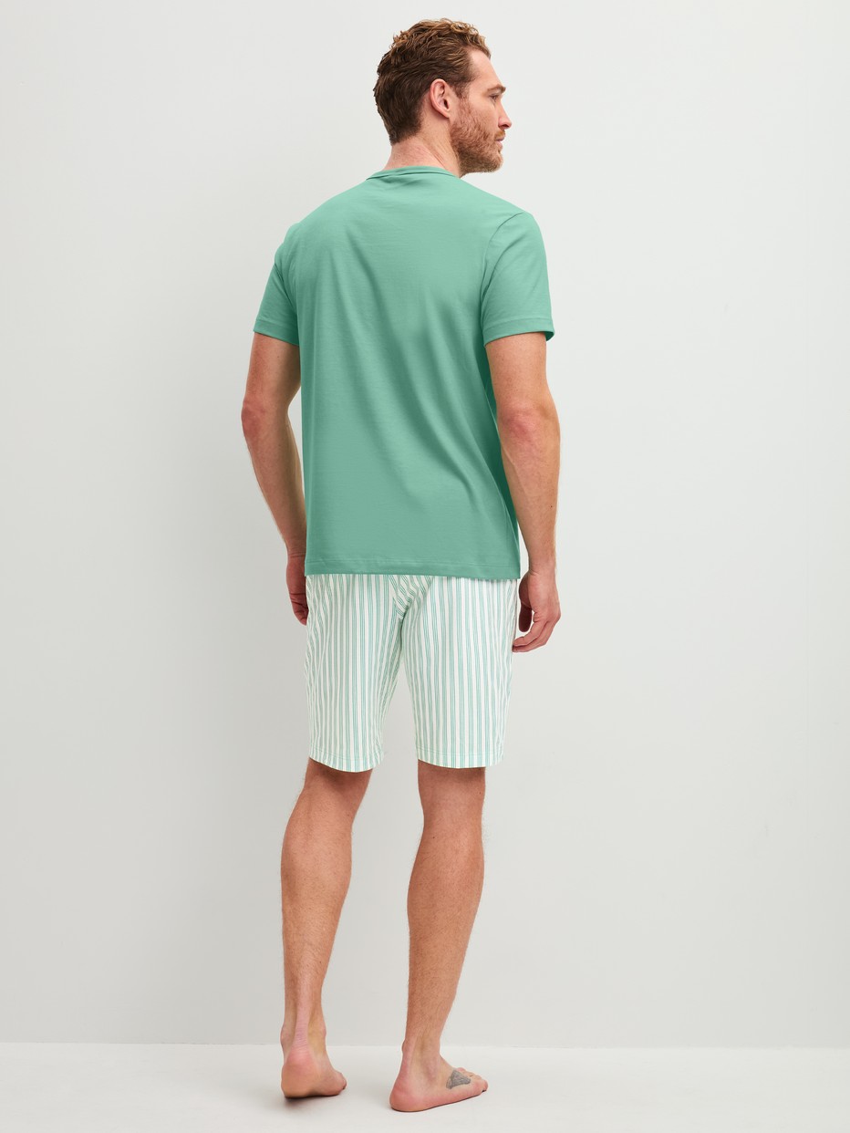 Men model is wearing Short pyjama made of 100% Cotton in Green, Striped from the Relax Easter series by CALIDA, Back view