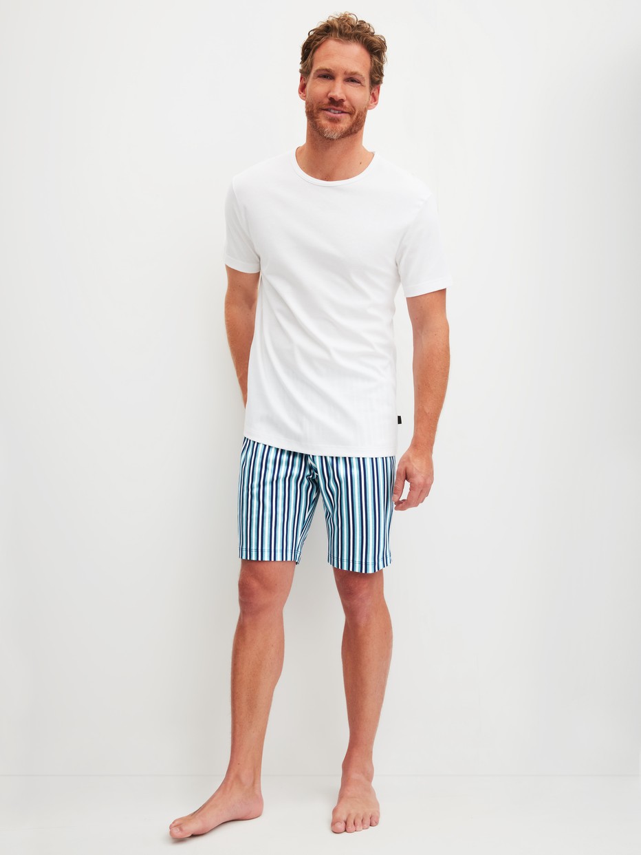 Men model is wearing Short pyjama made of 100% Cotton in Blue, Striped from the Relax Streamline 4 series by CALIDA, Front view