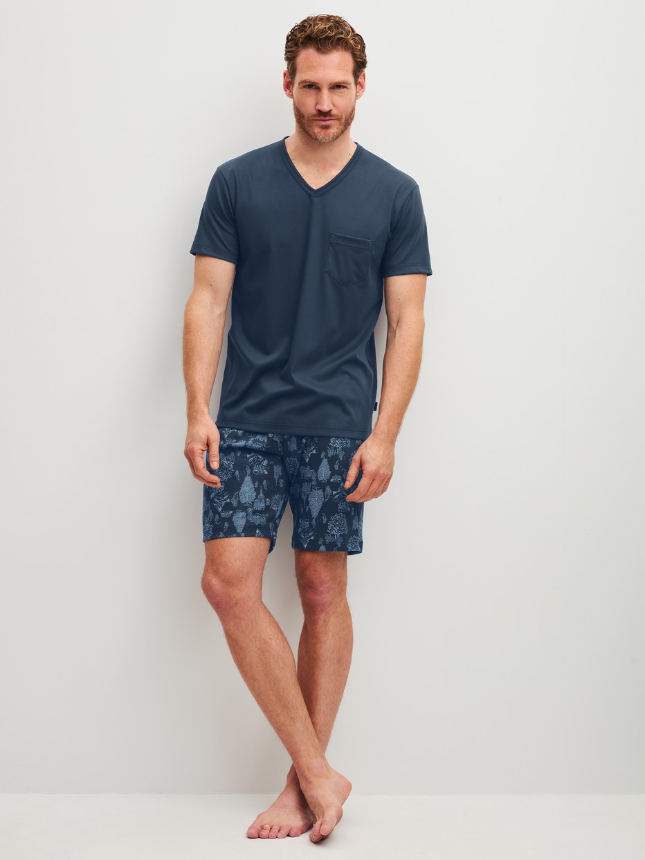 Le mannequin Homme porte le/la Pyjama court en 100% coton de couleur Bleu, À motifs, de la série Relax Streamline 1 de CALIDA, Vue de face