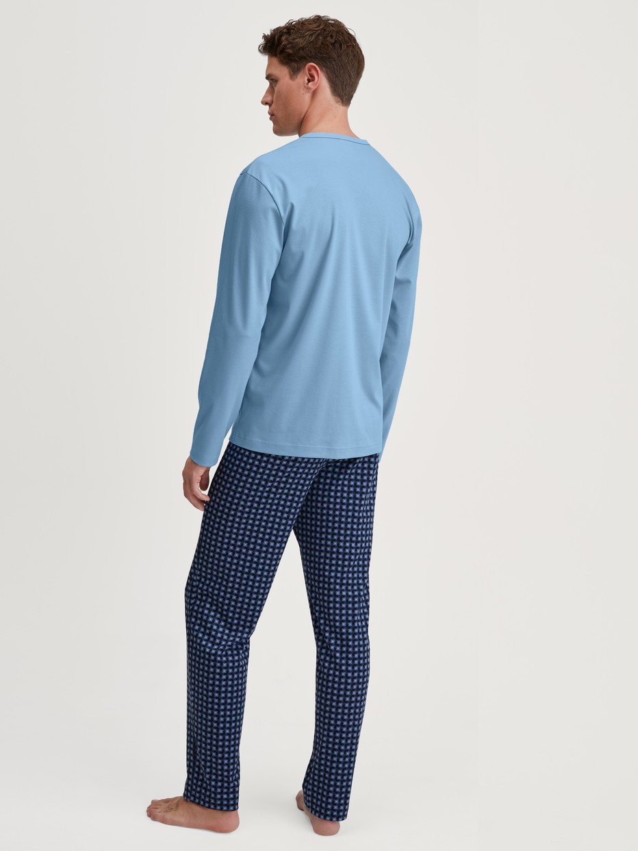 Men model is wearing Pyjamas, long made of 100% Cotton in Blue, Checked from the Relax Streamline 1 series by CALIDA, Back view