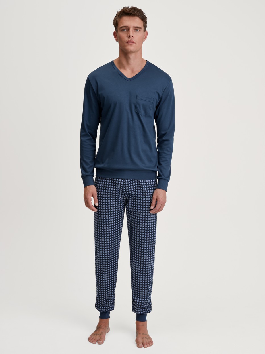 Men model is wearing Pyjama with cuff made of 100% Cotton in Blue, Checked from the Relax Streamline 1 series by CALIDA, Front view