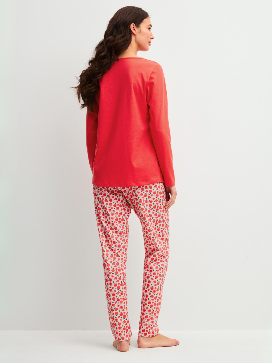 Women model is wearing Pyjamas, long made of 100% Cotton in Red, Patterned from the Fruity Dreams series by CALIDA, Back view