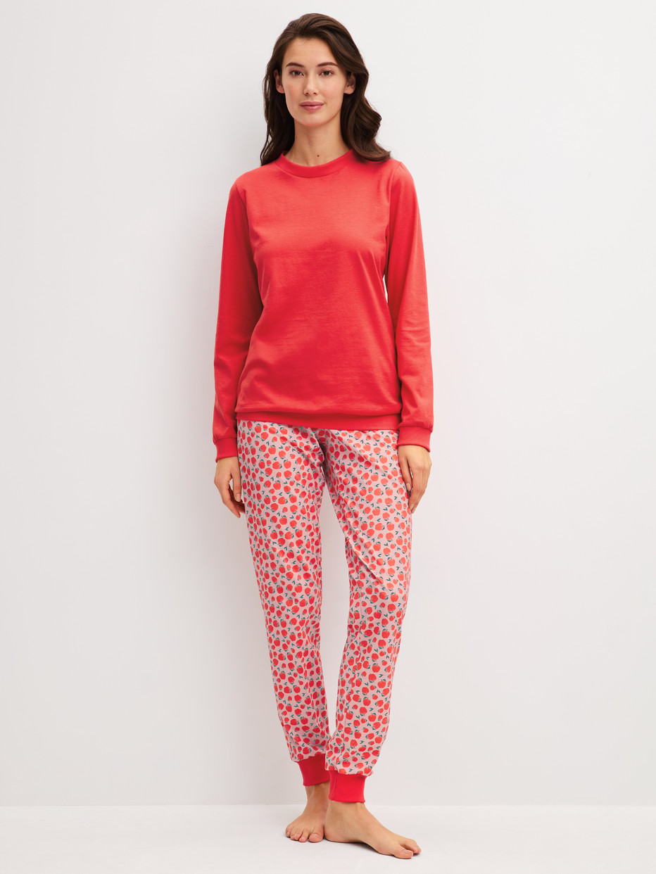 Women model is wearing Pyjama with cuff made of 100% Cotton in Red, Patterned from the Fruity Dreams series by CALIDA, Front view