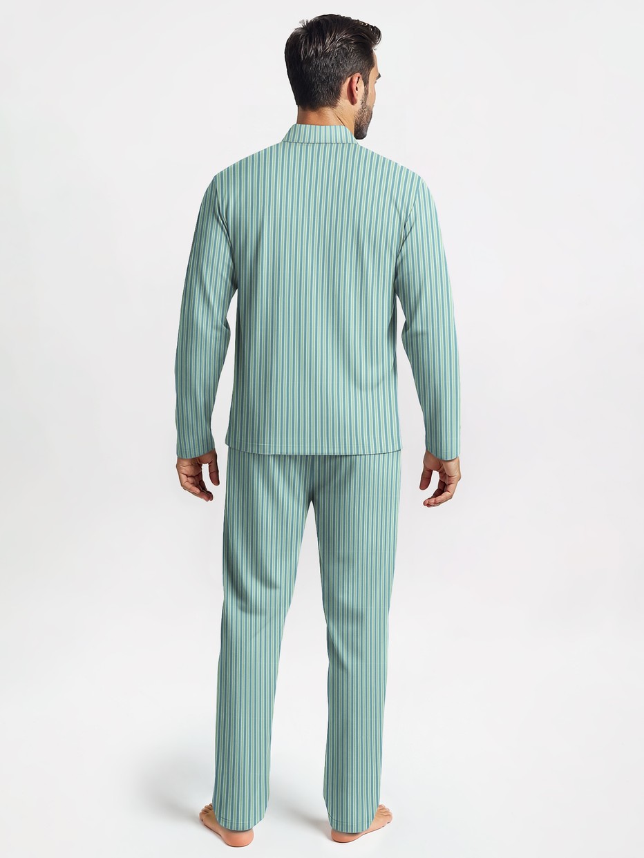 Men model is wearing Button-Up Pyjama made of 100% Cotton in Green, Striped from the Nightwear Xtra series by CALIDA, Back view