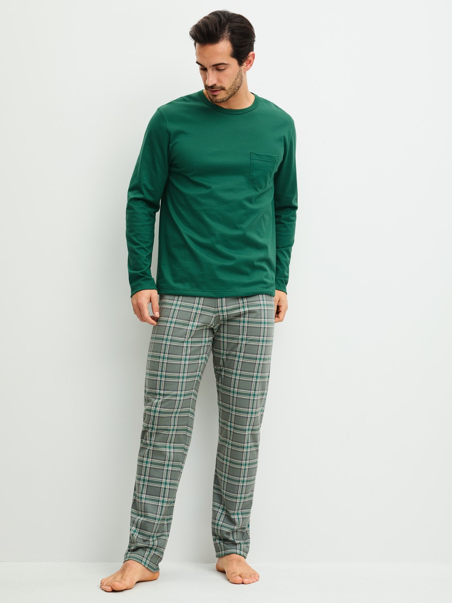 Men model is wearing Pyjamas, long made of 100% Cotton in Green, Checked from the Relax Imprint 2 series by CALIDA, Front view