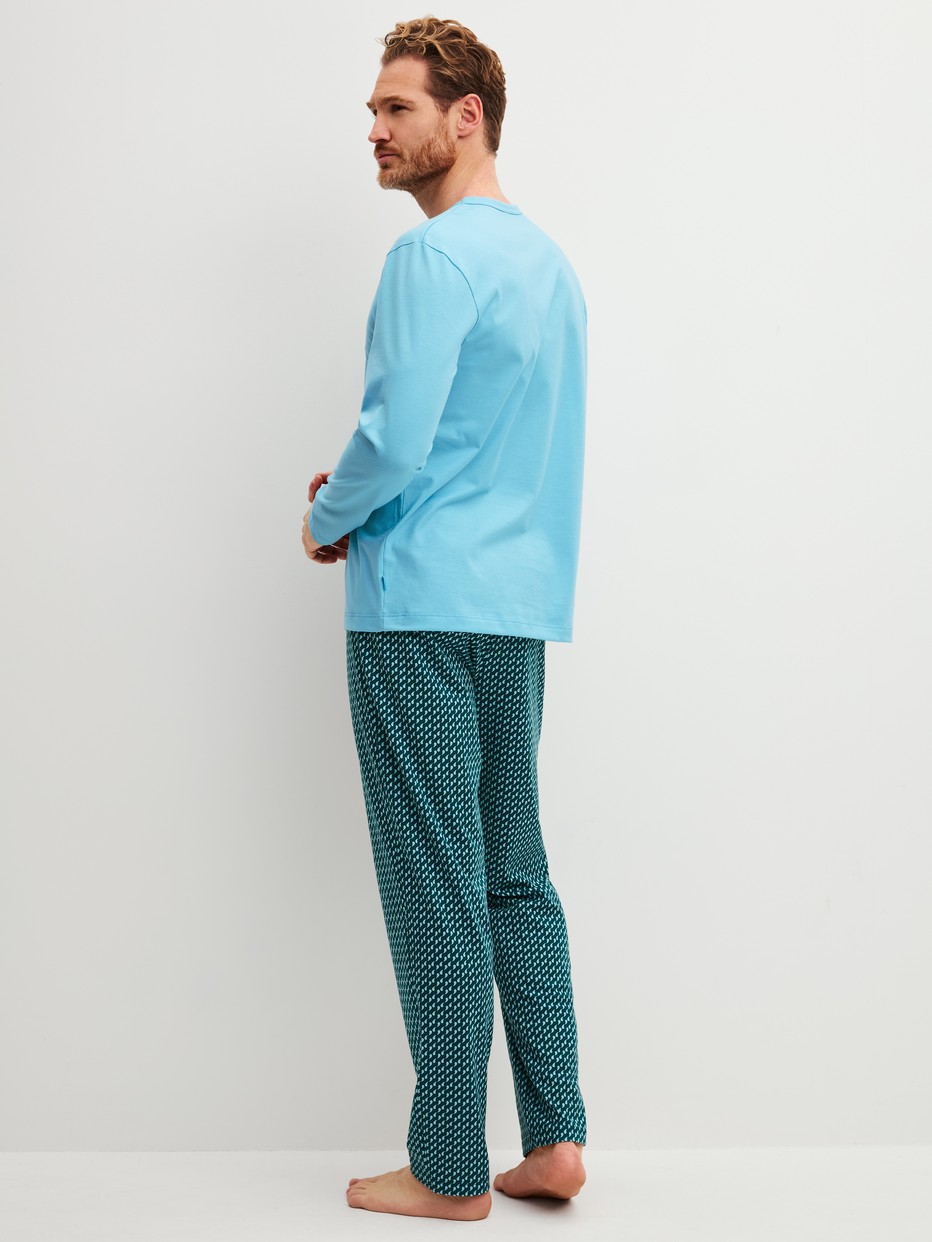 Herren-Model trägt Pyjama, lang aus 100% Baumwolle in Blau, Gemustert aus Serie Cotton Special von CALIDA, Rückansicht