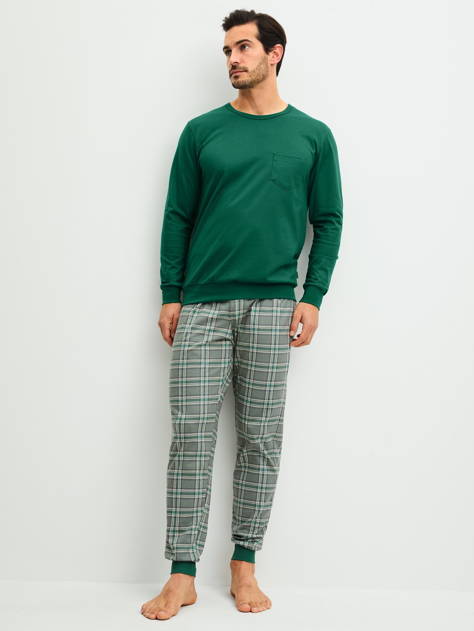 Men model is wearing Pyjama with cuff made of 100% Cotton in Green, Checked from the Relax Imprint 2 series by CALIDA, Front view