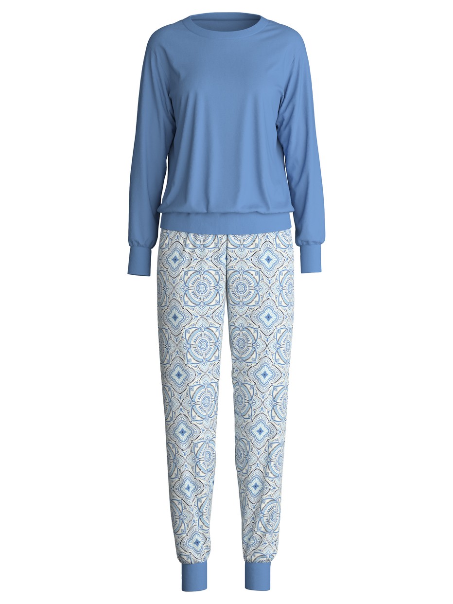 Damen - Bündchen-Pyjama aus 100% Baumwolle in Blau, Gemustert aus Serie Cotton Special von CALIDA, Verpackung