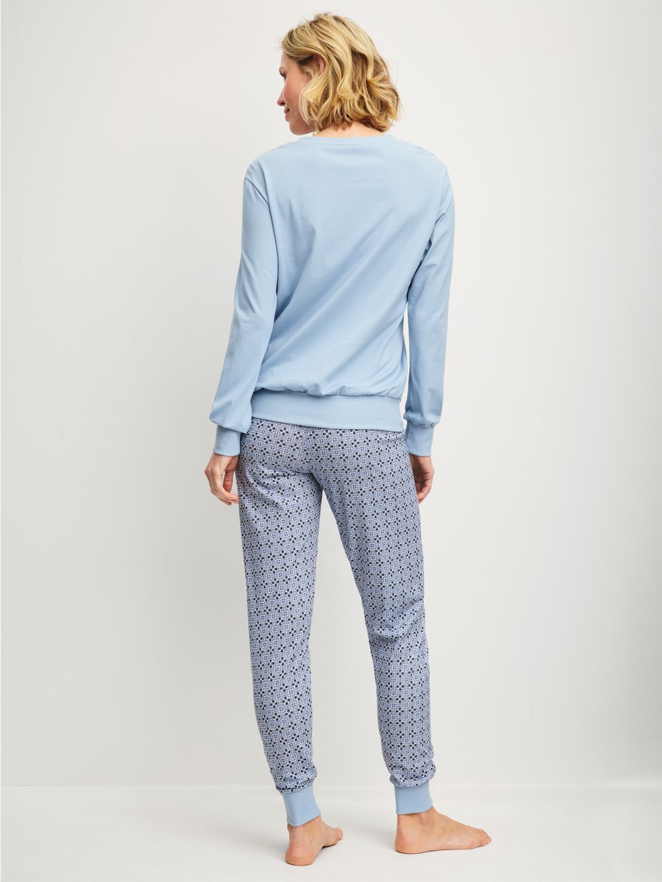 Women model is wearing Pyjama with cuff made of 100% Cotton in Grey, Patterned from the Cotton Special series by CALIDA, Back view