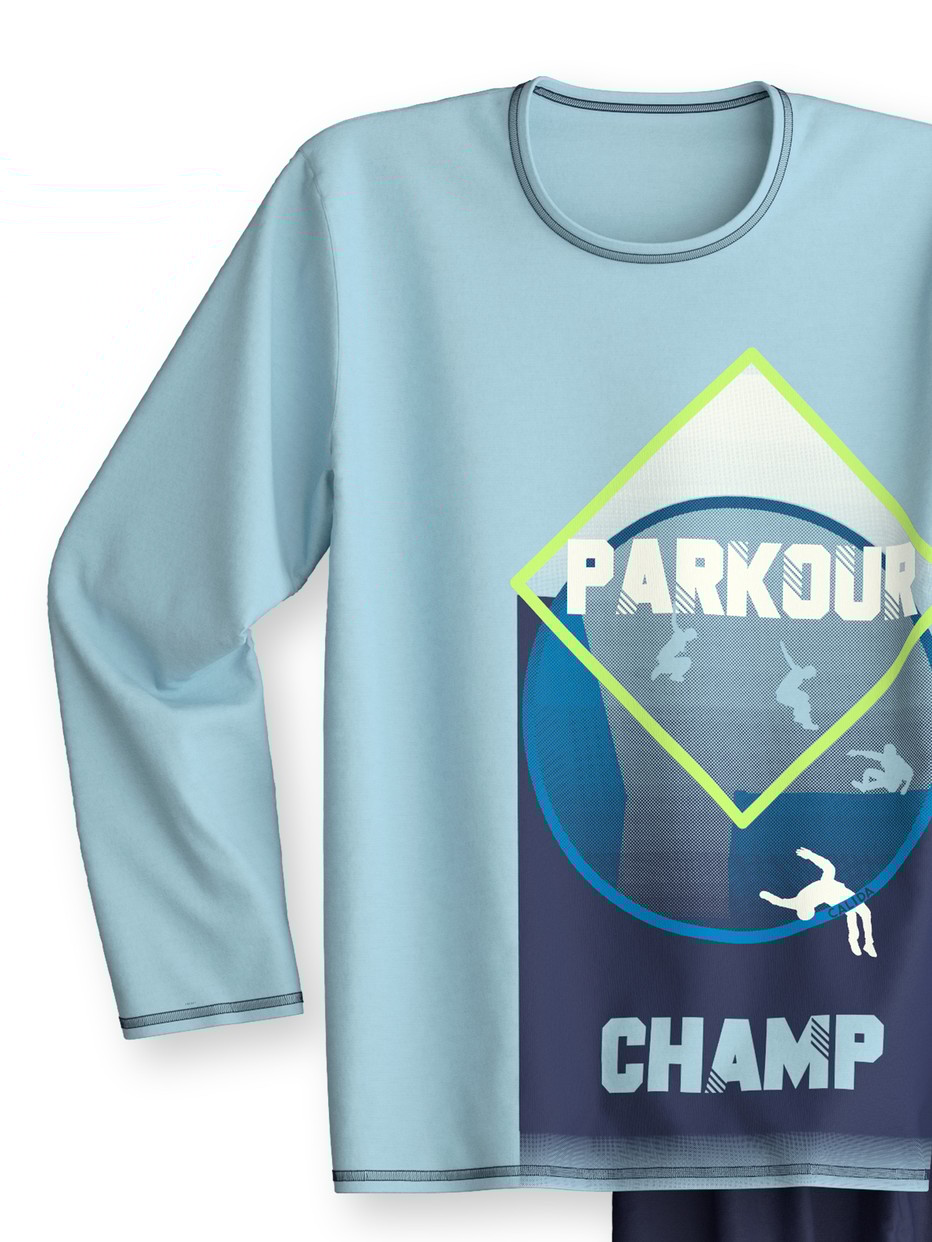 Kids - Pyjamas, long made of 100% Cotton in Blue, Patterned, from the Kids Parkour series by CALIDA