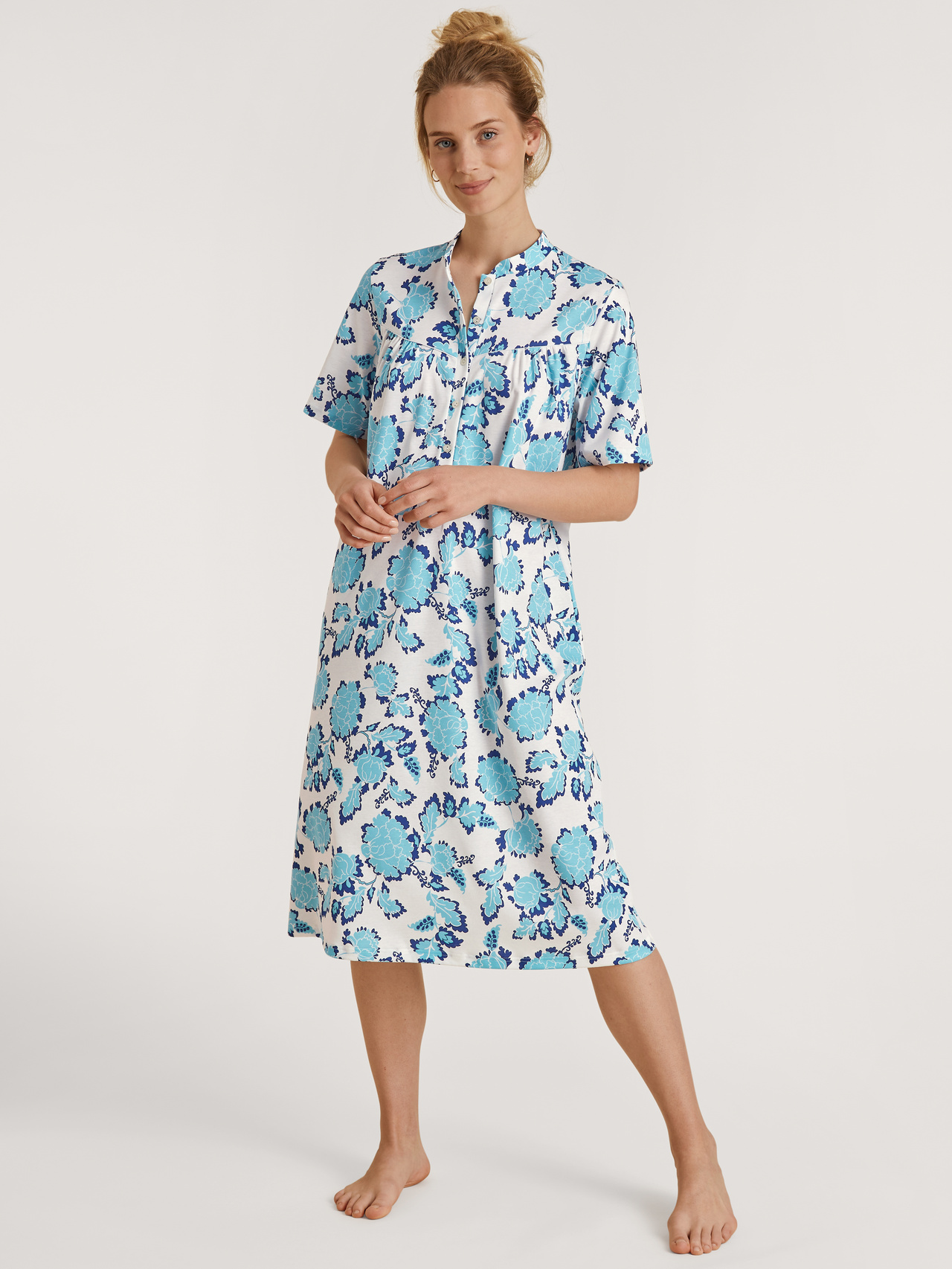 CALIDA Soft Cotton Kurzarm-Nachthemd mit Stehkragen, Länge 110 cmfür Damen, XS, Türkis, Klassisch schön und feminin