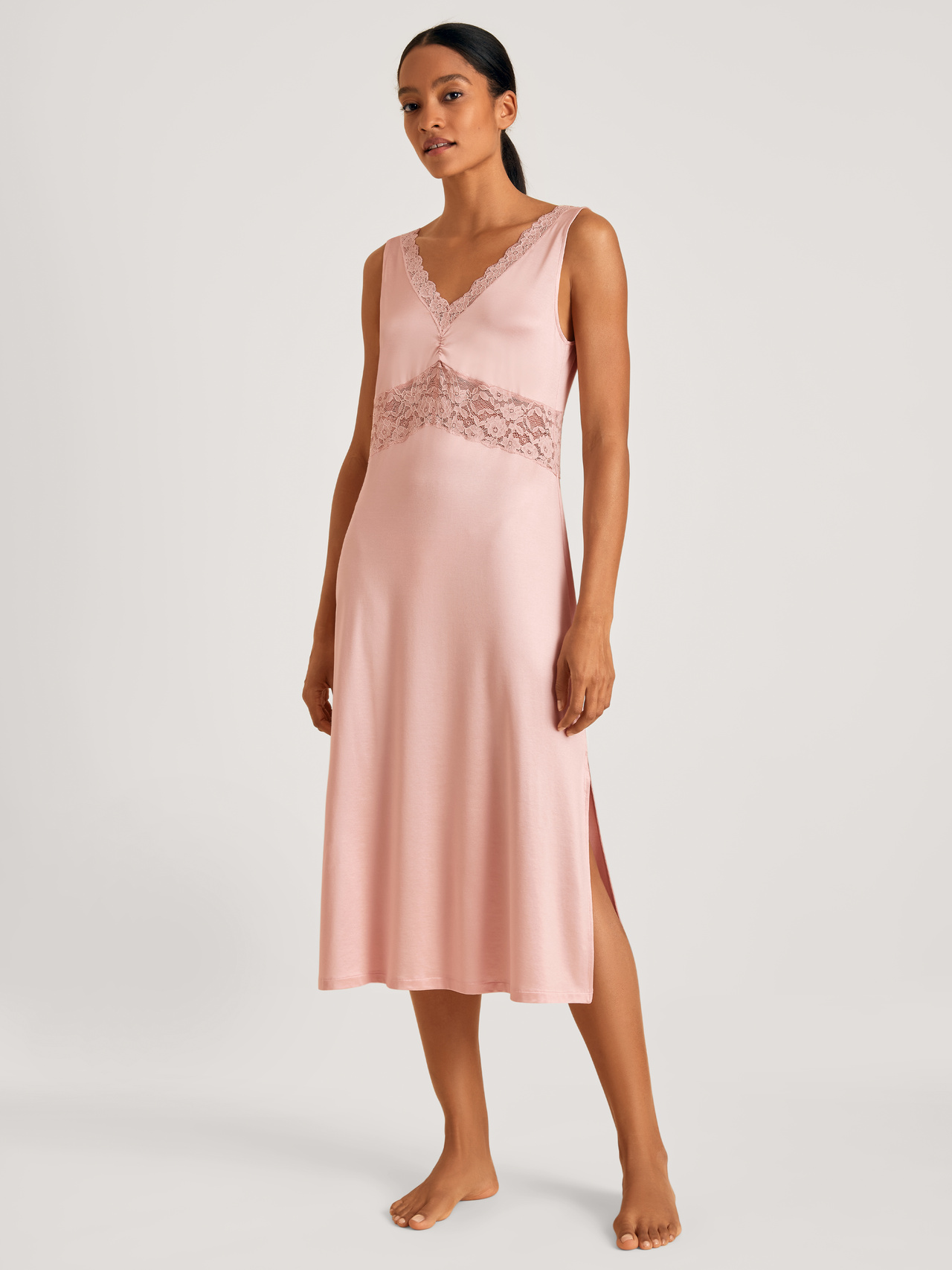 CALIDA 100% Nature Romance Nachthemd, Länge 120cmfür Damen, XXS, Rosa, Trägernachthemd mit Lingerie-Anklängen