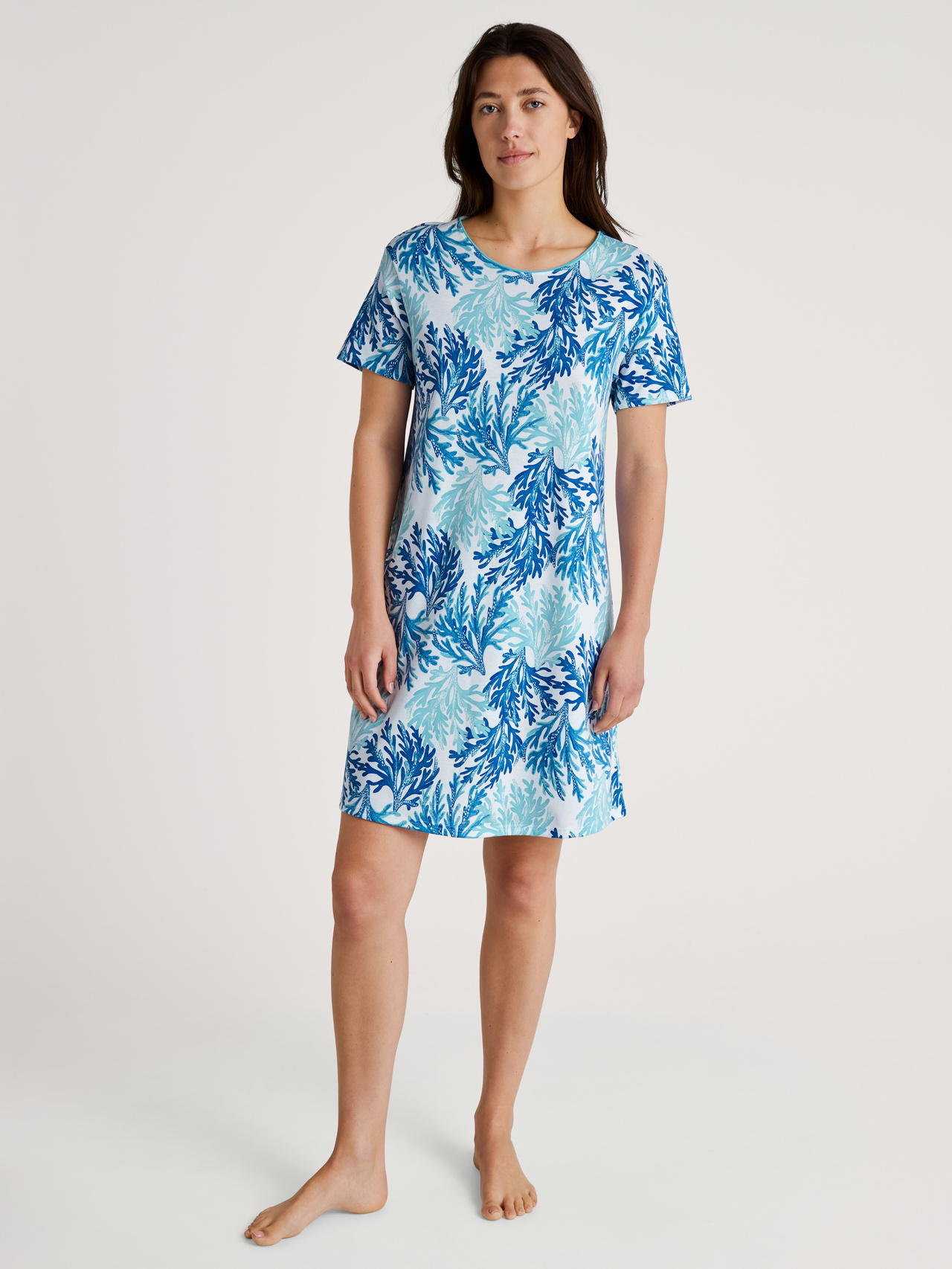 CALIDA Coastal Dreams Kurzarm-Nachthemd, Länge 95 cmfür Damen, XS, Türkis, Voller Komfort mit 100% Baumwolle