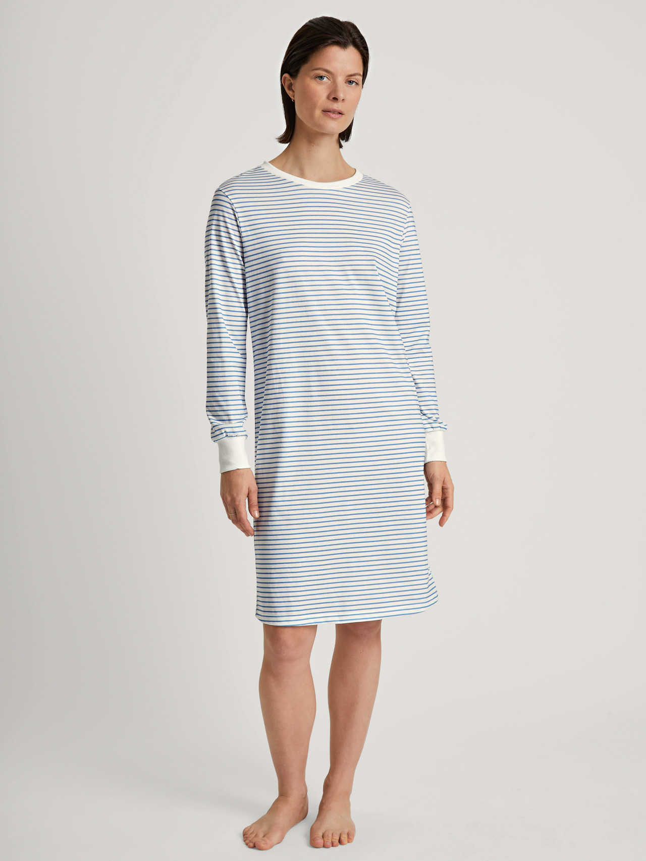 CALIDA Cotton Stripes Langarm-Nachthemd, Länge 100 cmfür Damen, XS, Blau, sportive Nachtwäsche aus 100% Baumwolle