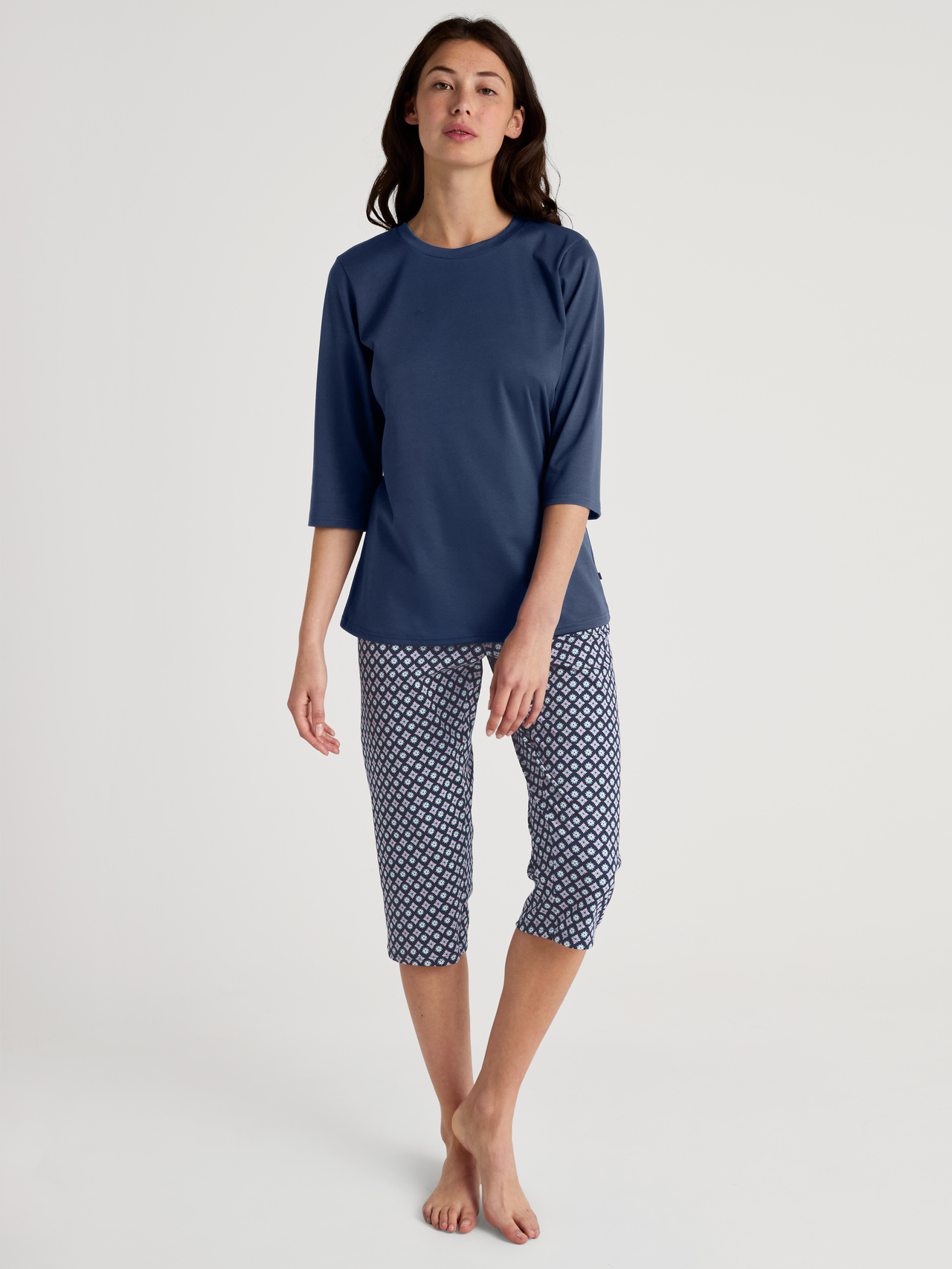 CALIDA Daylight Dreams 3/4-Pyjamafür Damen, S, Blau, 100% Baumwoll-Interlook für nächtlichen Komfort